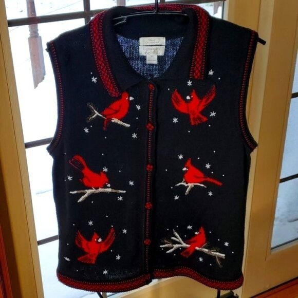 Christopher & Banks Hand Embroidered Red Cardinals Zip Sz S Vest - Picture 1 of 8